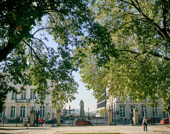 Brussels park with pedestrians casually walking, framed by vibrant green trees, and the city skyline visible in the background