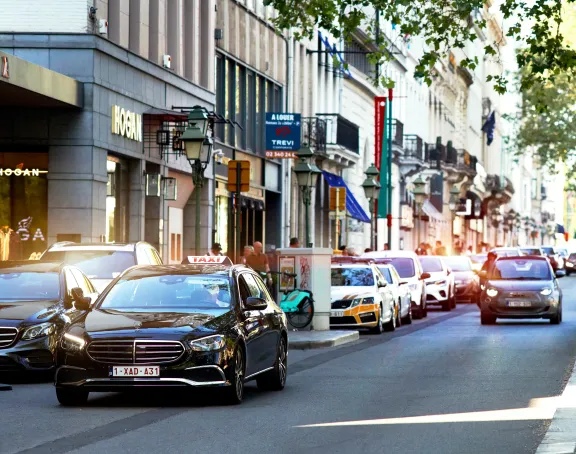 Street view of the shopping street 'Boulevard de Waterloo' in Brussels