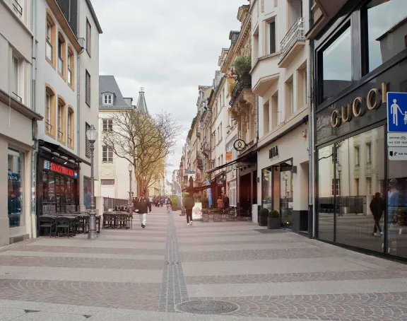 Grand Rue shopping street featuring pedestrians in Luxembourg City