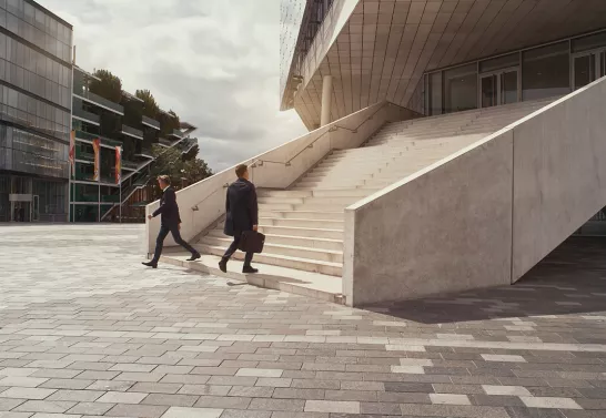 Business people walking up stairs