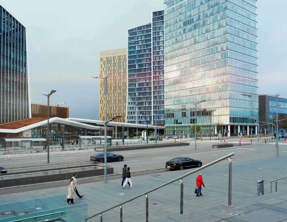 Street scene in Luxembourg City with the European Public Prosecutor's Office and Infinity shopping center in the background