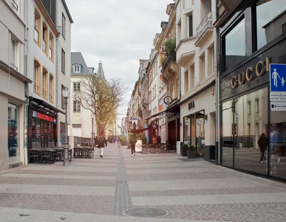 Grand Rue shopping street featuring pedestrians in Luxembourg City